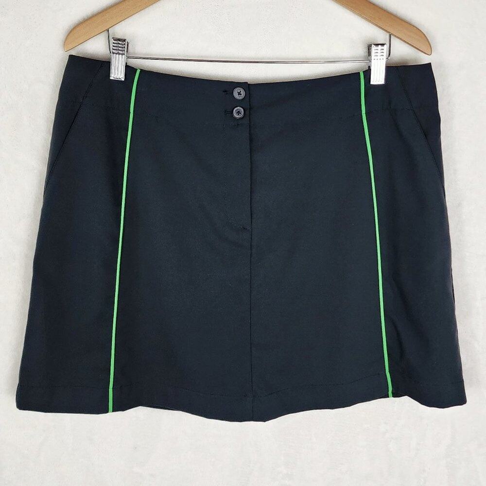 Nike Golf Skort Women 14 FITDRY Black with Green Stripe Zip Button Closure  EUC